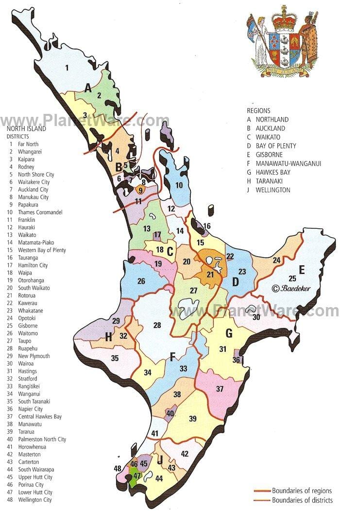 žemėlapis naujosios zelandijos šiaurės saloje regionų bei rajonų,