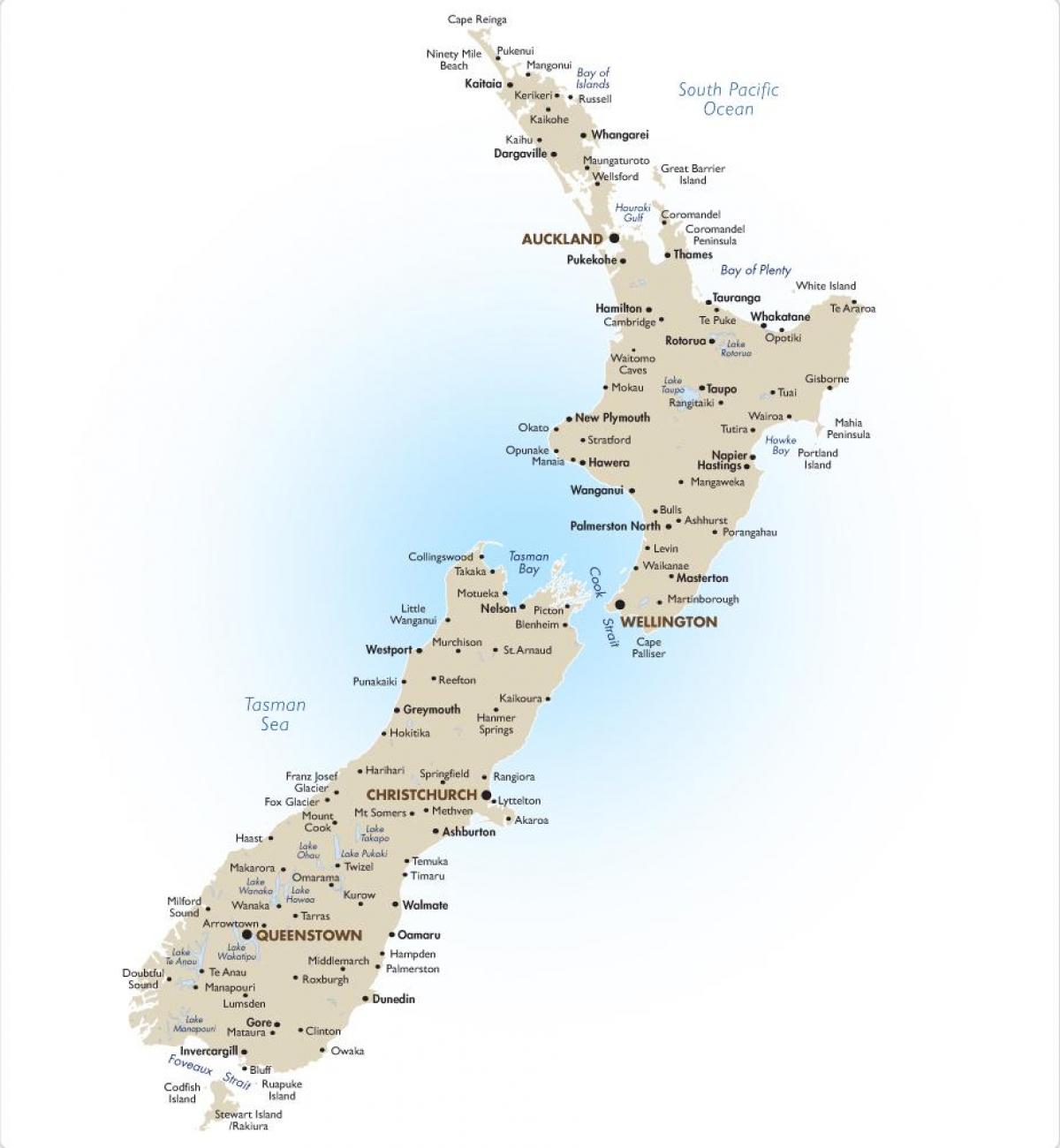 žemėlapis iš naujosios zelandijos su didžiųjų miestų