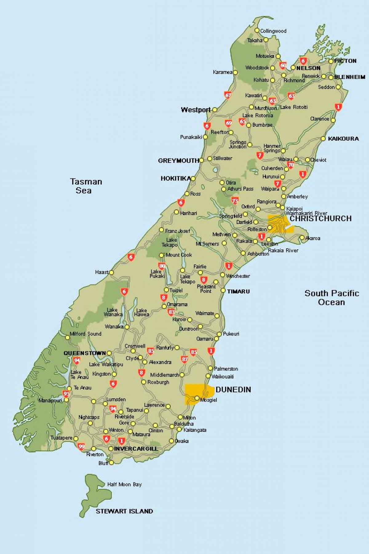 naujosios zelandijos žemėlapis pietų salos kelių žemėlapis