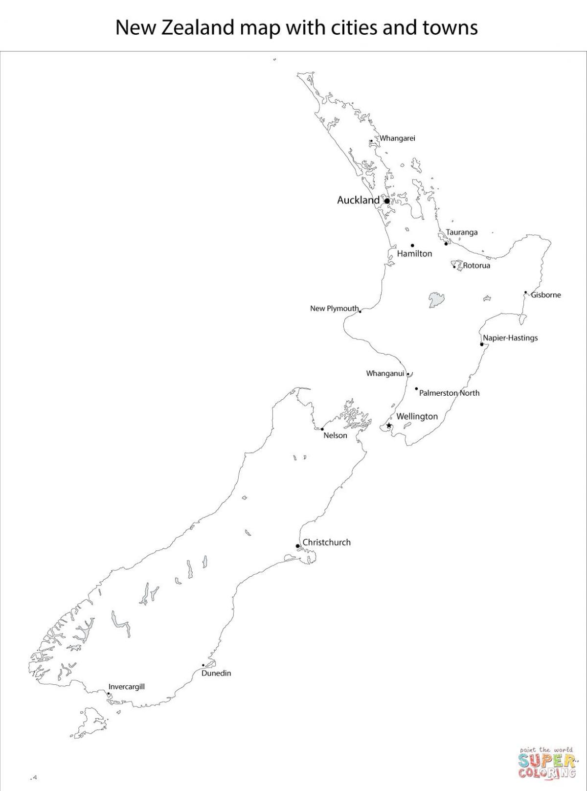 naujosios zelandijos žemėlapis, kuriame miestų ir miestelių