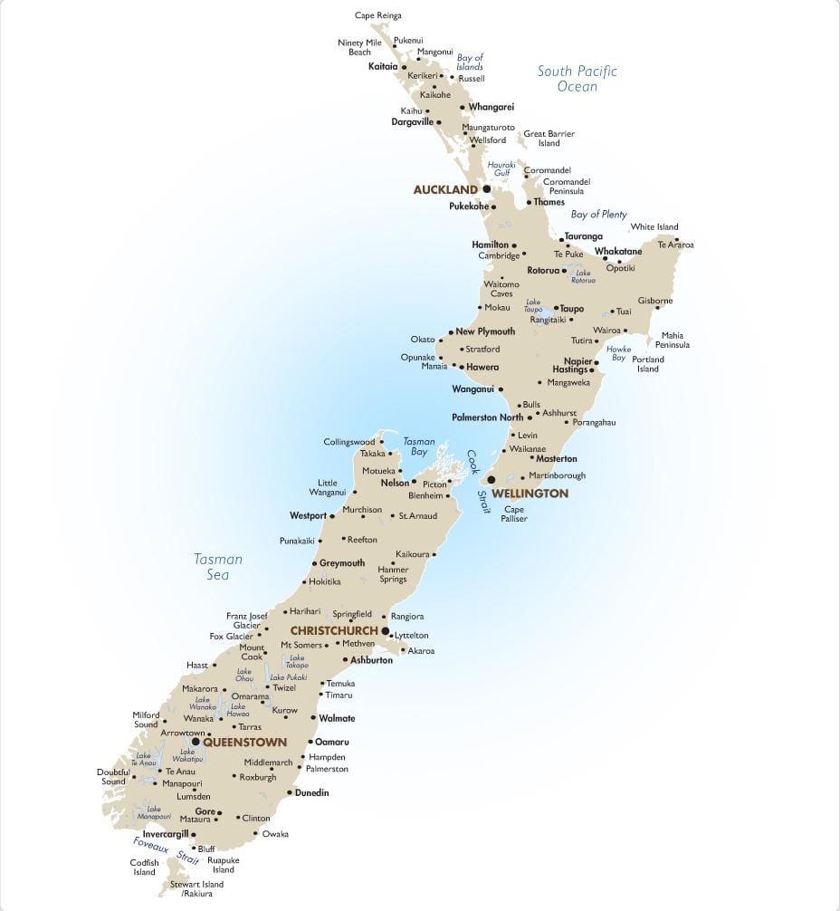 žemėlapis pietų salos naujoji zelandija atrakcionai