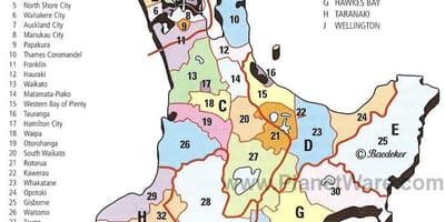 Žemėlapis naujosios zelandijos šiaurės saloje regionų bei rajonų,